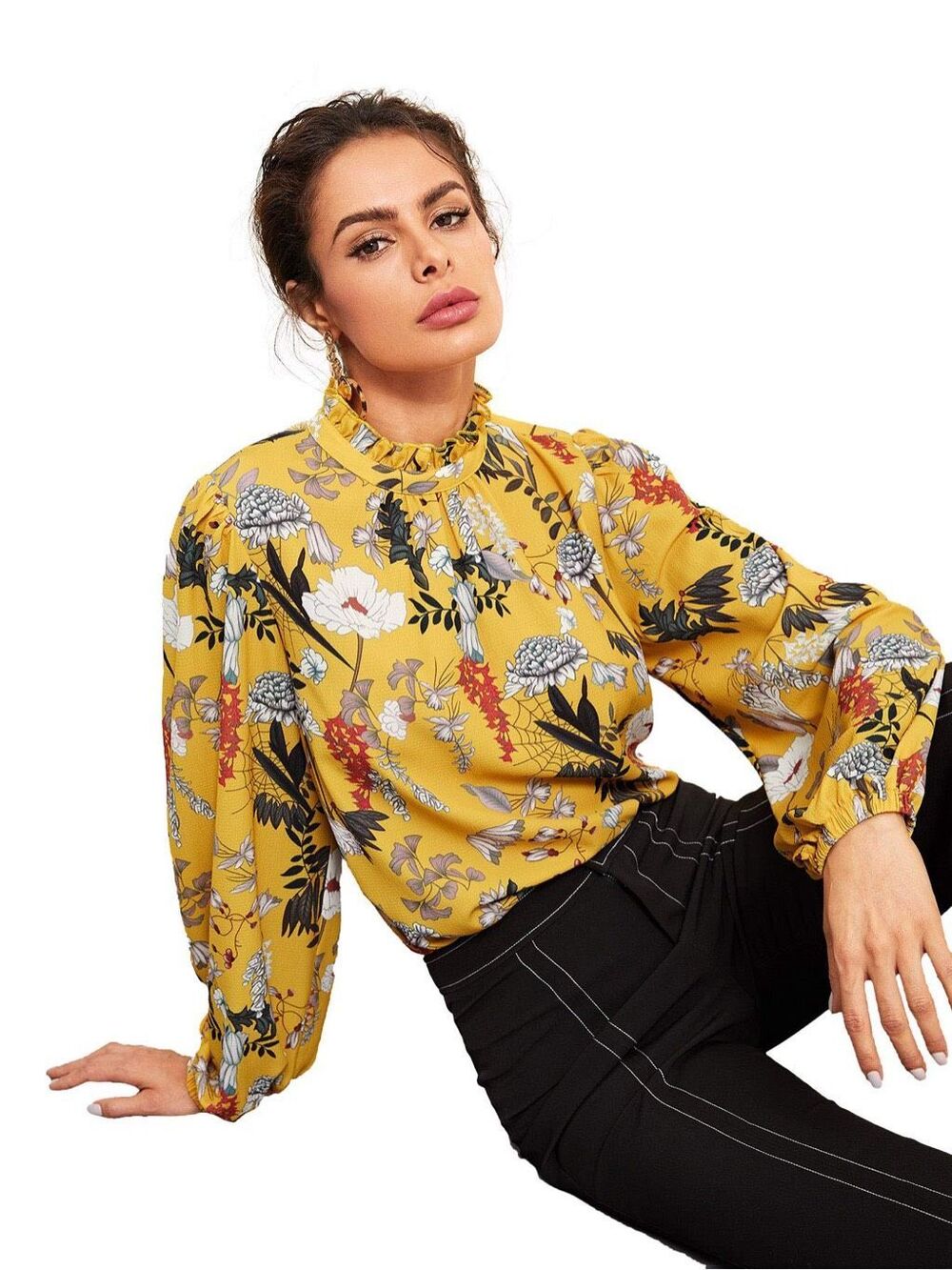 Mustard Yellow Boho Floral Long Sleeve Blouse Size Medium